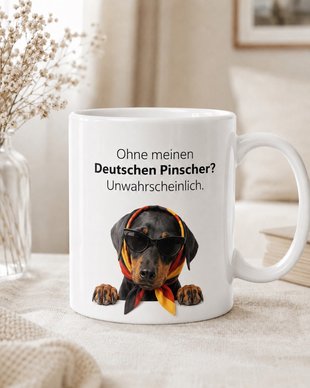 Deutscher Pinscher Tasse · Ohne meinen Pinscher? Unwahrscheinlich · Lustige Hundetasse
