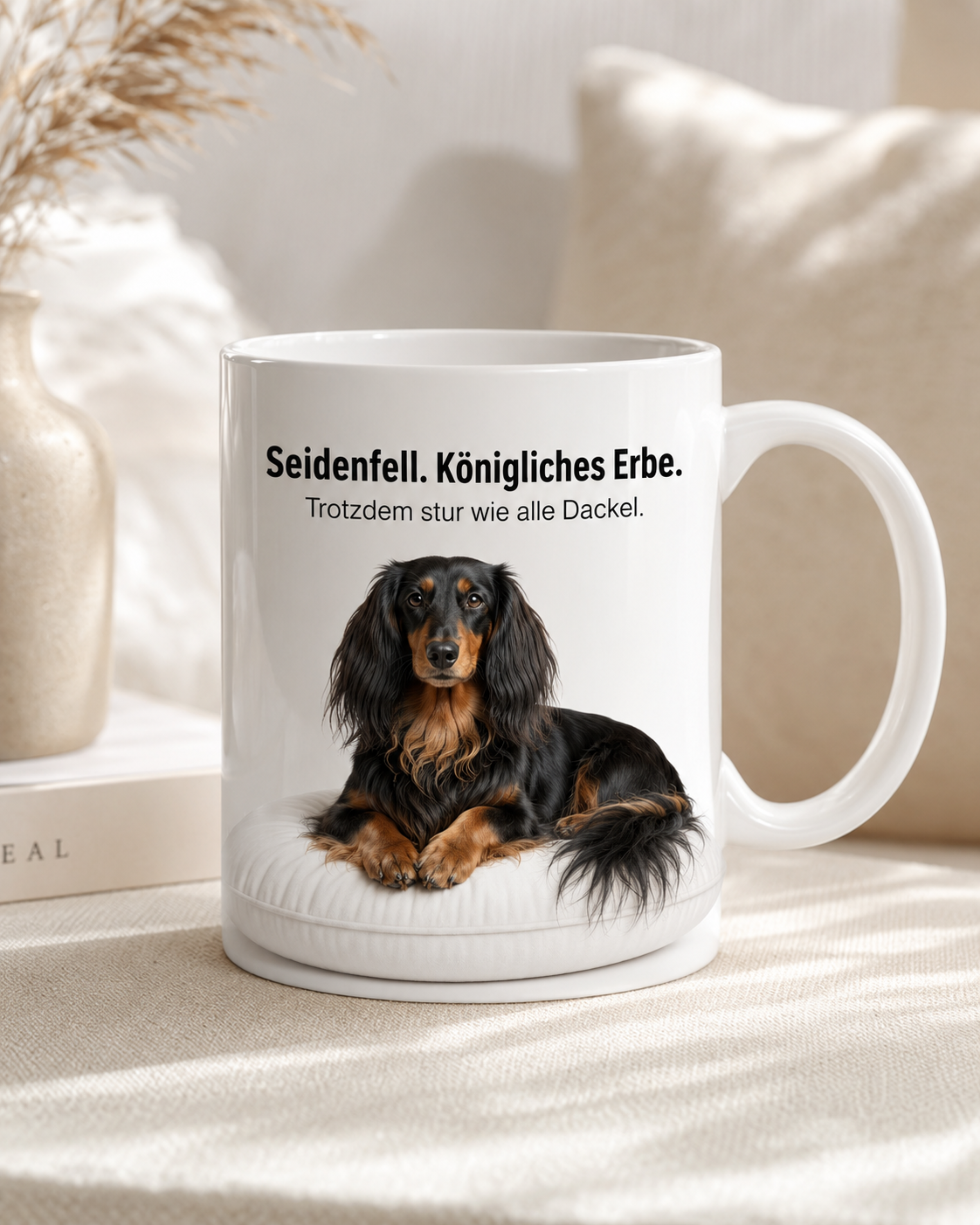 Langhaardackel Tasse · Seidenfell, königliches Erbe – trotzdem stur wie alle Dackel · Lustige Hundetasse