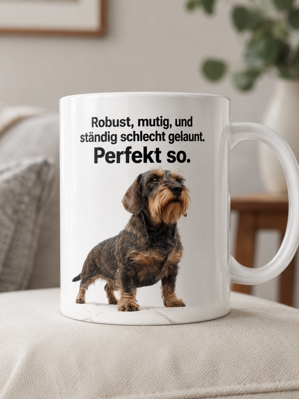 Rauhaardackel Tasse · Robust, mutig und schlecht gelaunt · Lustige Hundetasse