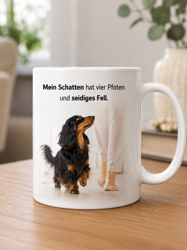 Langhaardackel Tasse · Mein Schatten hat vier Pfoten und seidiges Fell · Lustige Hundetasse