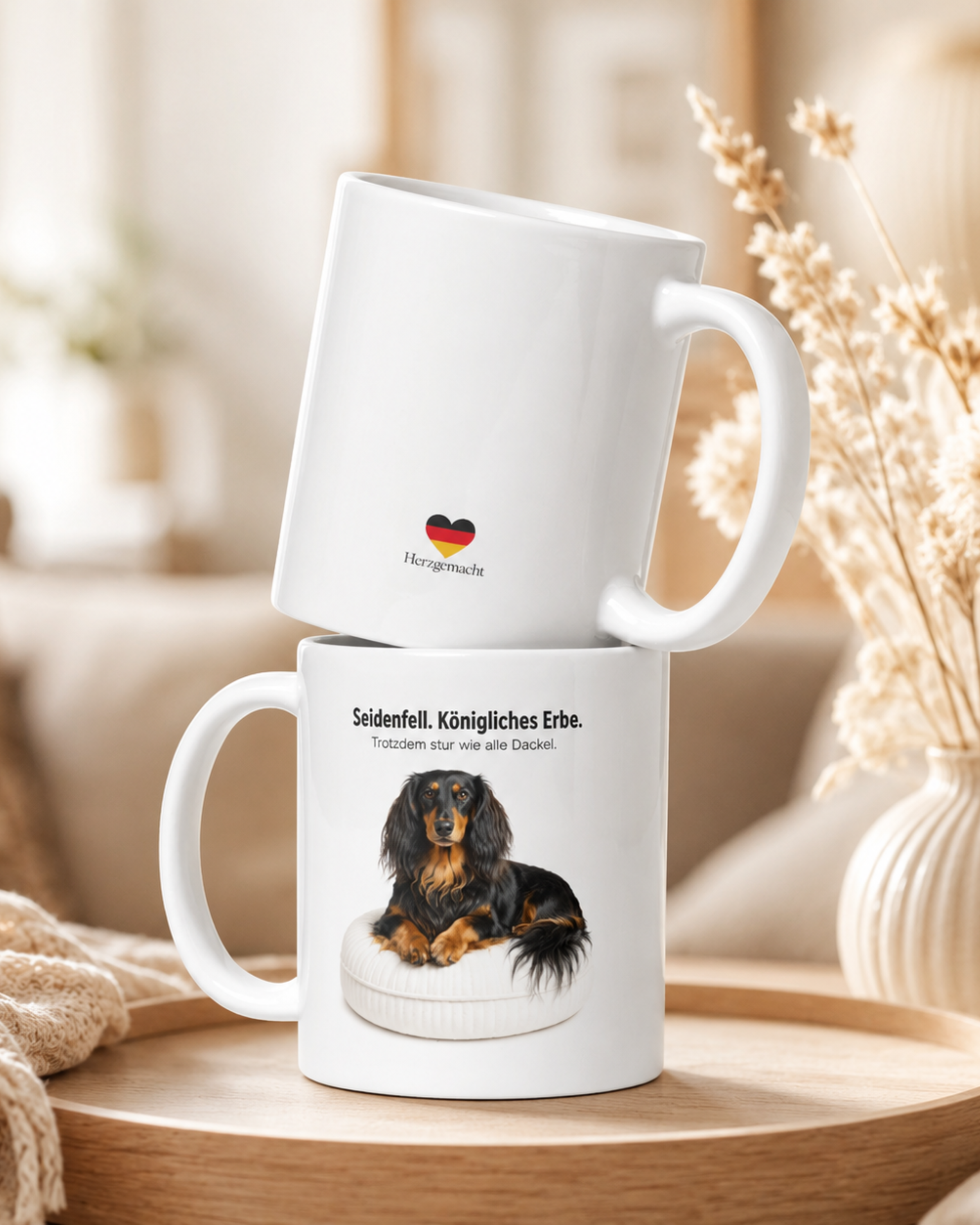 Langhaardackel Tasse · Seidenfell, königliches Erbe – trotzdem stur wie alle Dackel · Lustige Hundetasse