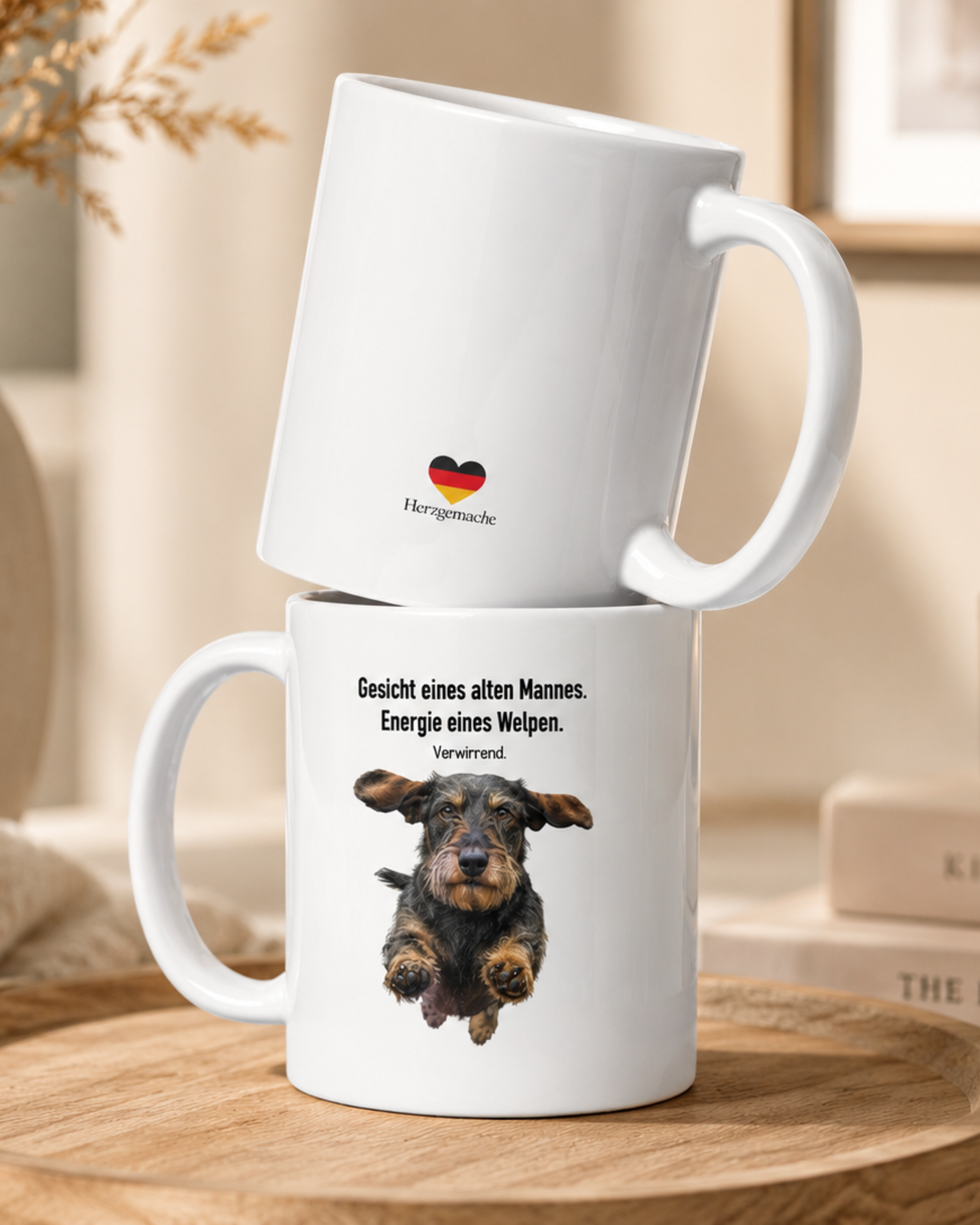 Rauhaardackel Tasse · Gesicht eines alten Mannes, Energie eines Welpen · Lustige Hundetasse